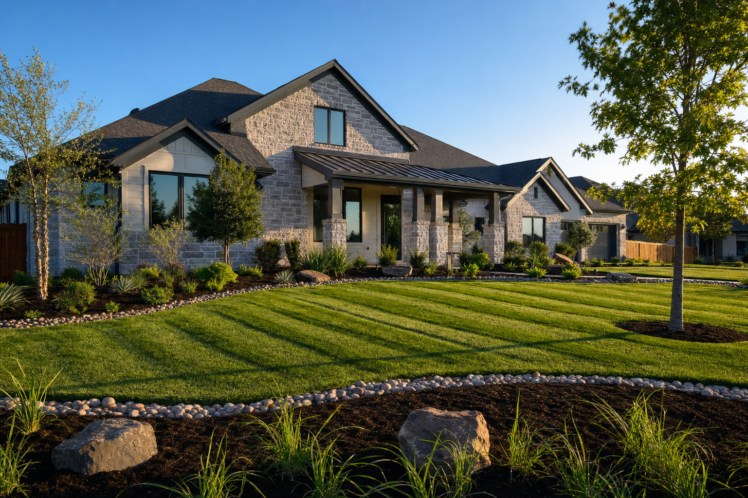 Beautifully manicured lawn with sharp edges in front of a modern home in Corpus Christi