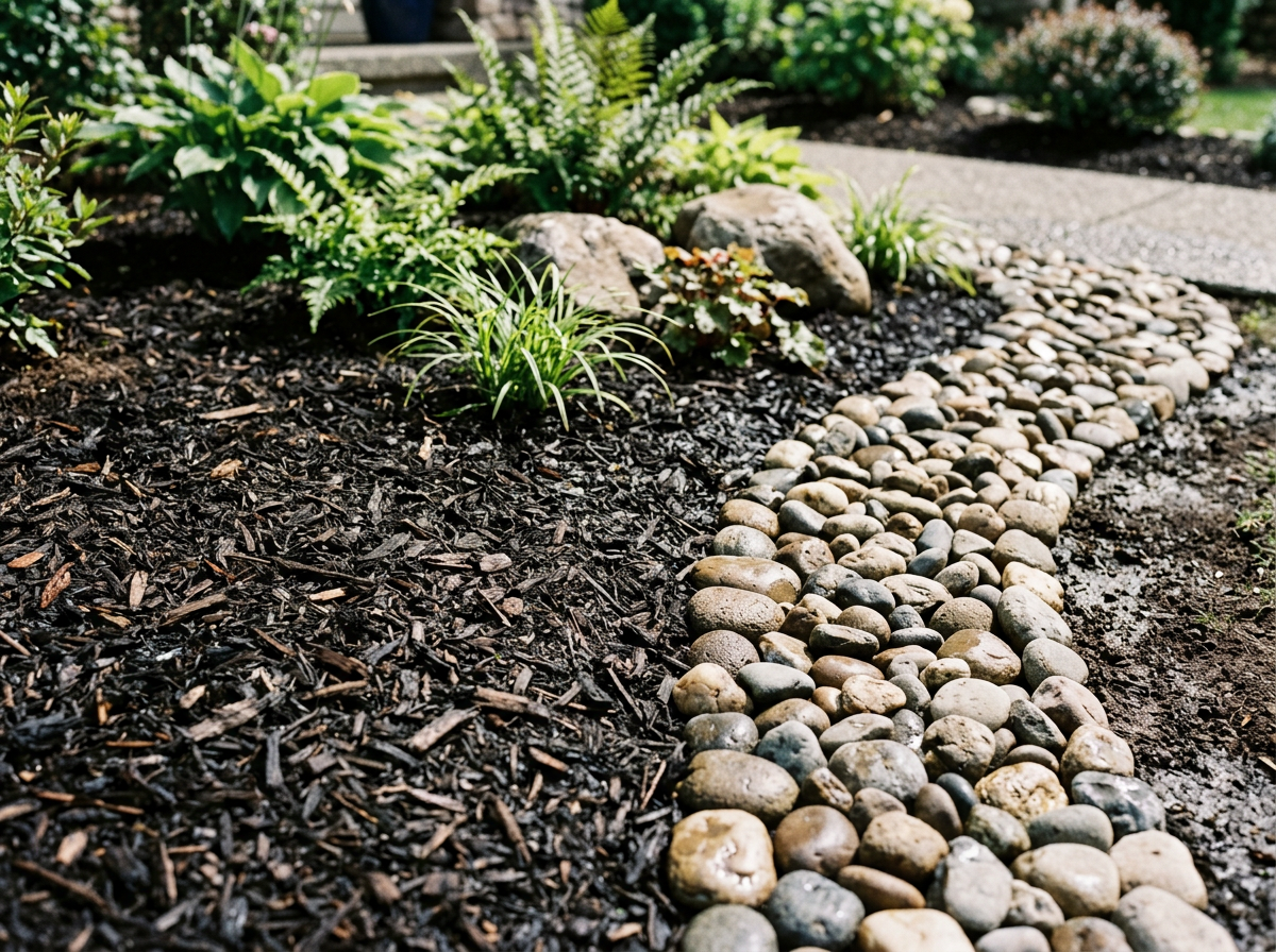 Fresh mulch and river rock installation in a garden bed
